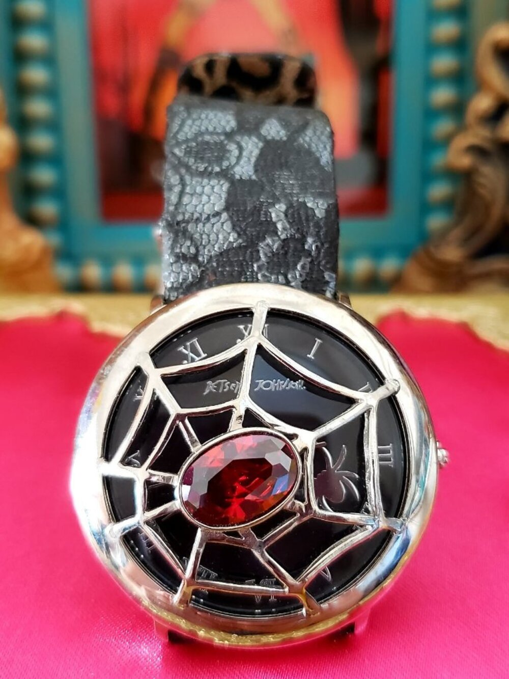 Vintage Betsey Johnson Spider Web Cage Watch Black Leather and Lace Red Crystal
